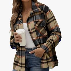 Women’s Flannel Shacket Jacket Plaid Shirt Button Down Long Sleeve Coat Brown Medium M