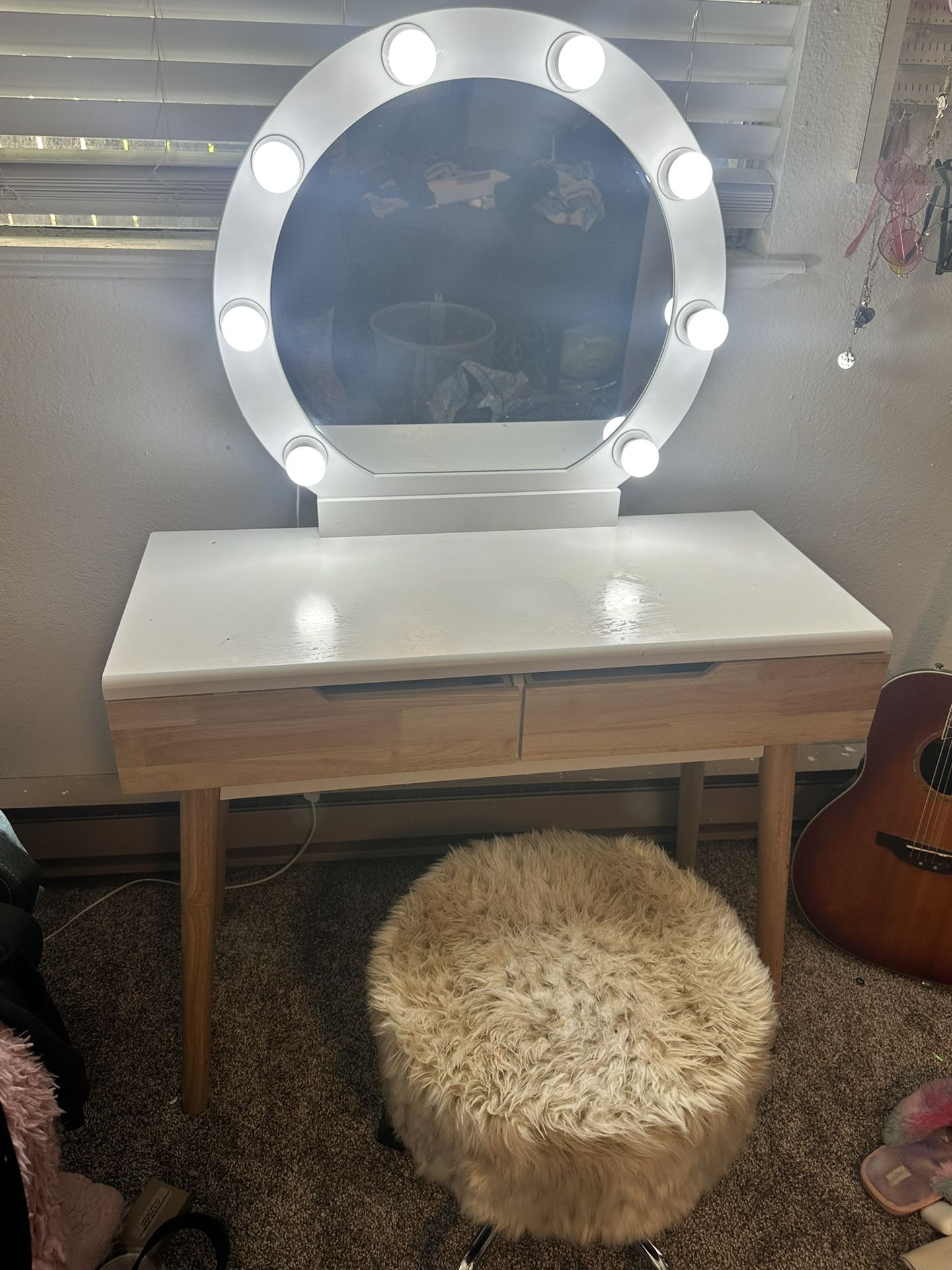 Vanity with Lights and Mirror plus Stool