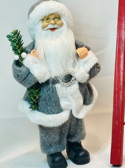 Vintage Santa In Grey Suit, With 2 Foot Wooden Ladder