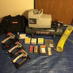  DeVilbiss 1HP 3 Gallon Oil Free AIR COMPRESSOR, COIL HOSE, Craftsman PNEUMATIC Finish & Brad Nailers & Crown Stapler, Bag & Fasteners