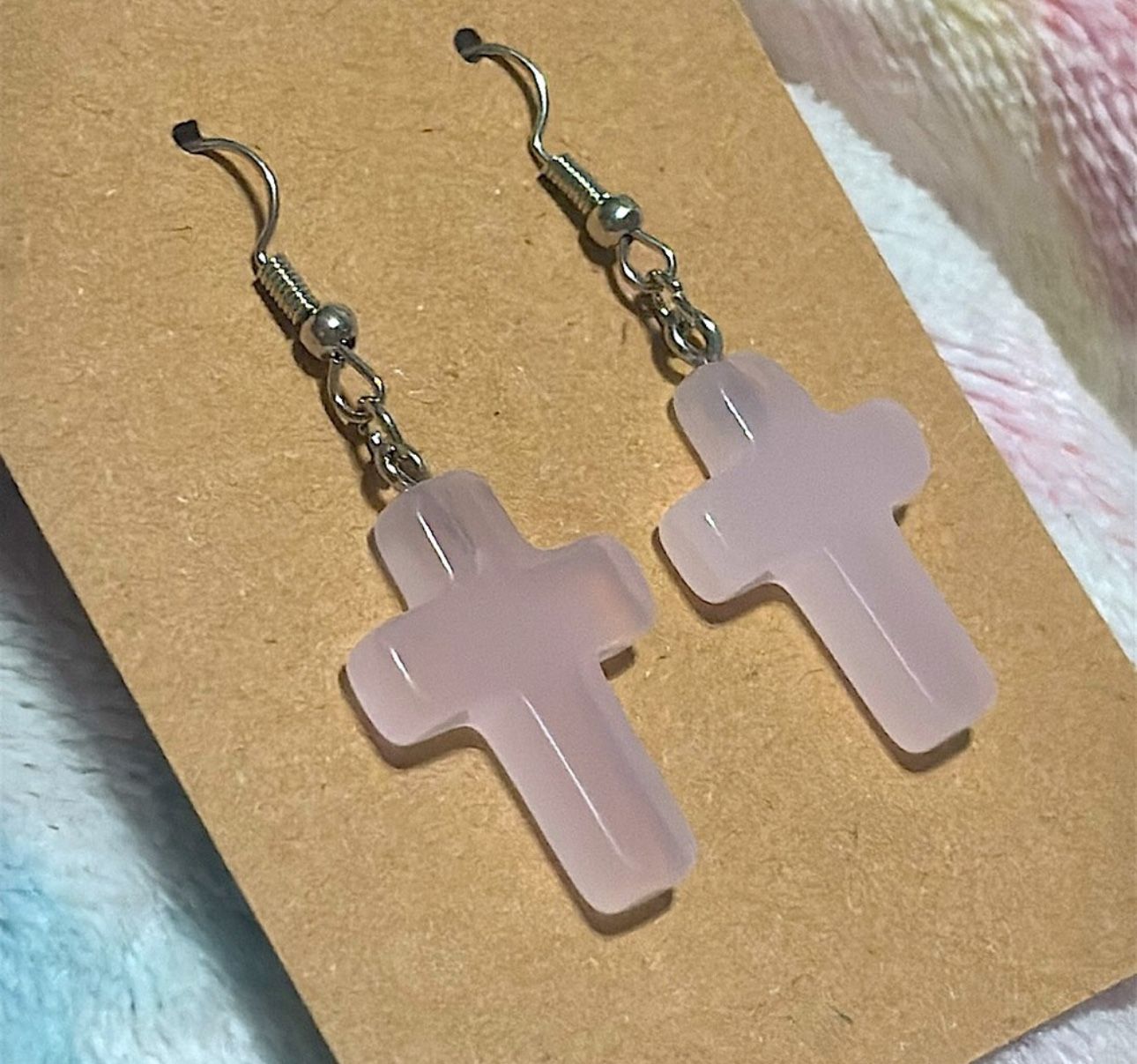 Rose Quarts Dangle Cross Earrings