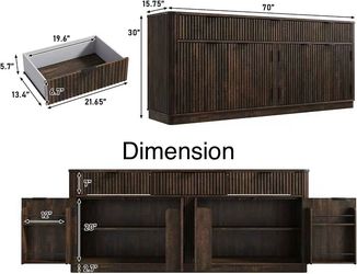 🥨70” Rounded Edge Large Sideboard Buffet Cabinet with 3 Storage Drawers,Farmhouse Kitchen Fluted Sideboard Cabinet w 4 Door Shelves,Wood Coffee Bar C