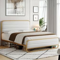 Queen Bed Frame with PU Leather Upholstered Headboard, Gold Metal Tubular Platform Bed