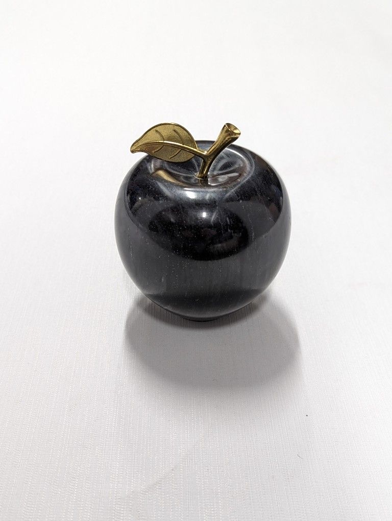 Vintage Obsidian Swirl Marble Stone Apple Paperweight with Brass Leaf MCM