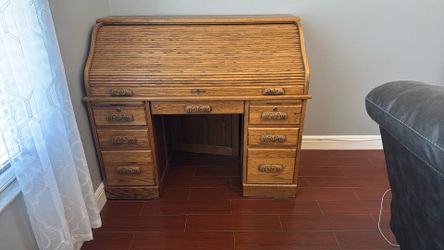 Solid Oak Roll-Top Desk and Chair