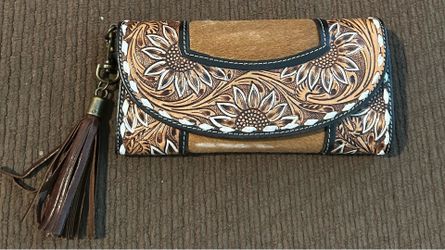 Myra Bag Sandstone Trail Wristlet Wallet Tooled Leather Sunflower Cowhide