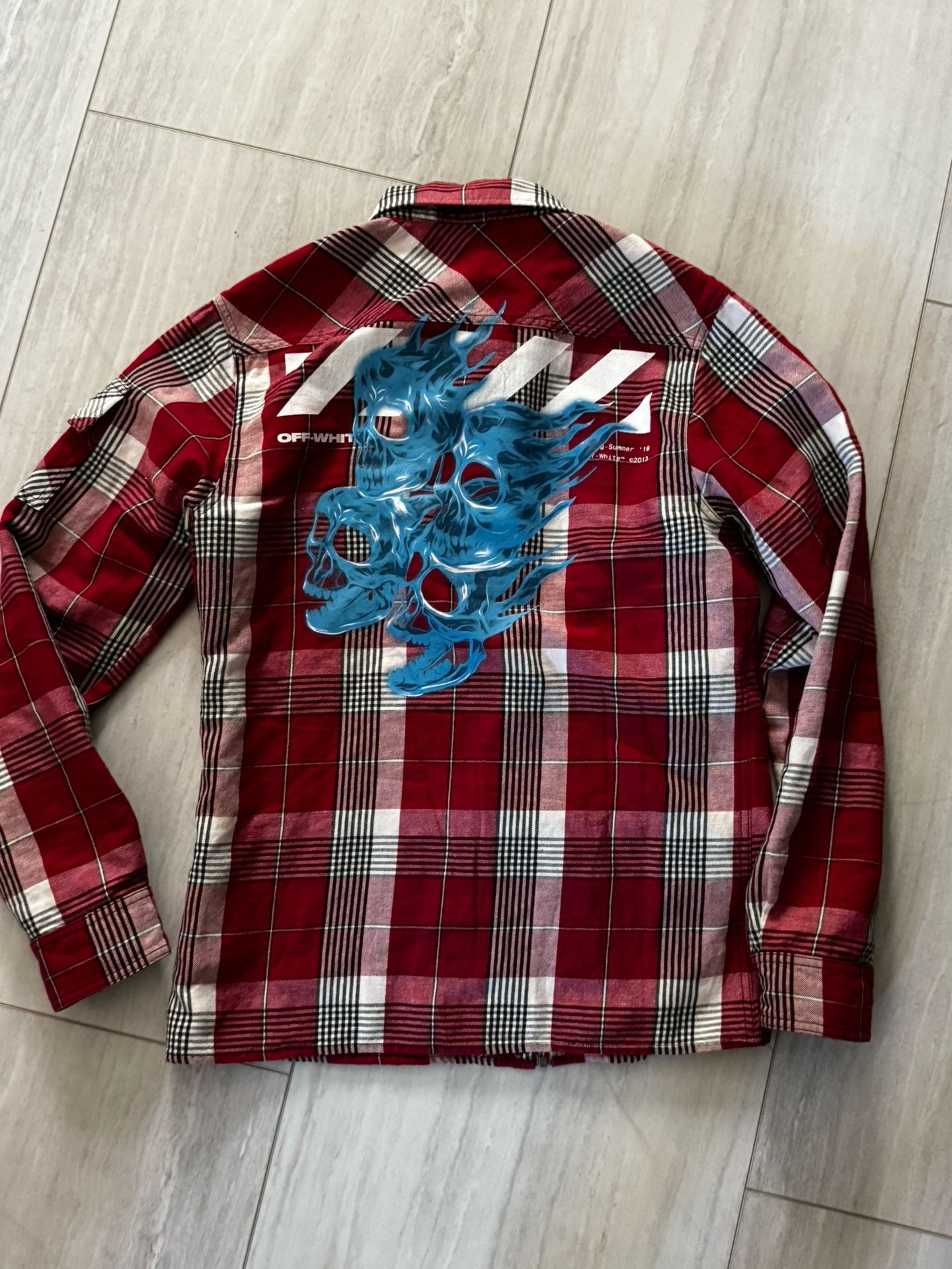 OFF-WHITE Virgil Abloh Zip Check Shirt Jacket with Skull Logo Print Red Blue XL