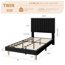Twin Bed Frame with Adjustable Headboard, Velvet Upholstered Platform Twin Size Bed Frame, Vertical Channel Tufted, Strong Wooden Slats, No Box Spring