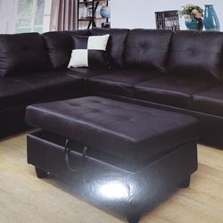 Black Leather Sectional Couch And Ottoman