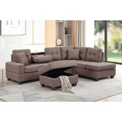 DARK BROWN Reversible Sectional Sofa w/ Drop-Down Cup