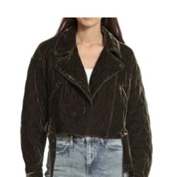 7 For All Mankind Cropped Moto Jacket  Velvet Olive Green  Size Small 