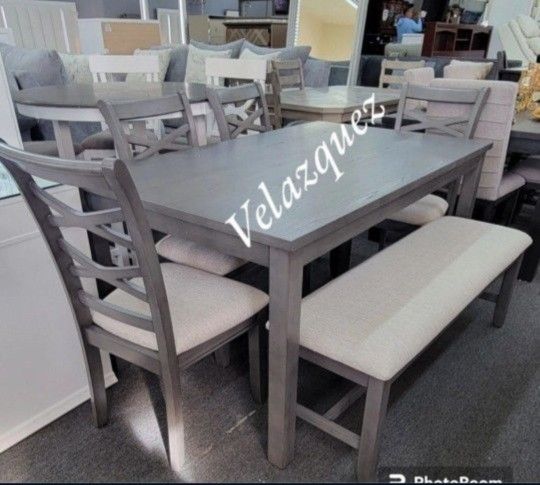 ✅️✅️ 6 pc grey finish wood dining table set padded seat chairs and bench ✅️