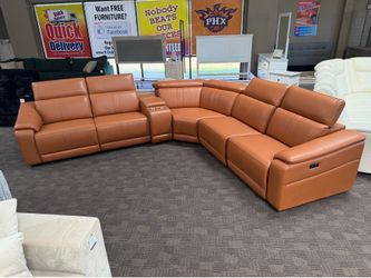 Camel leather reclining sectional