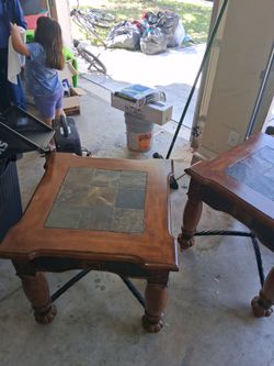 Set of 2 Rustic Tile-Top End Tables / Side Tables
