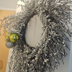 XLarge 27" x 27" Silver Glitter Christmas Wreath with Ornaments & Reindeer
