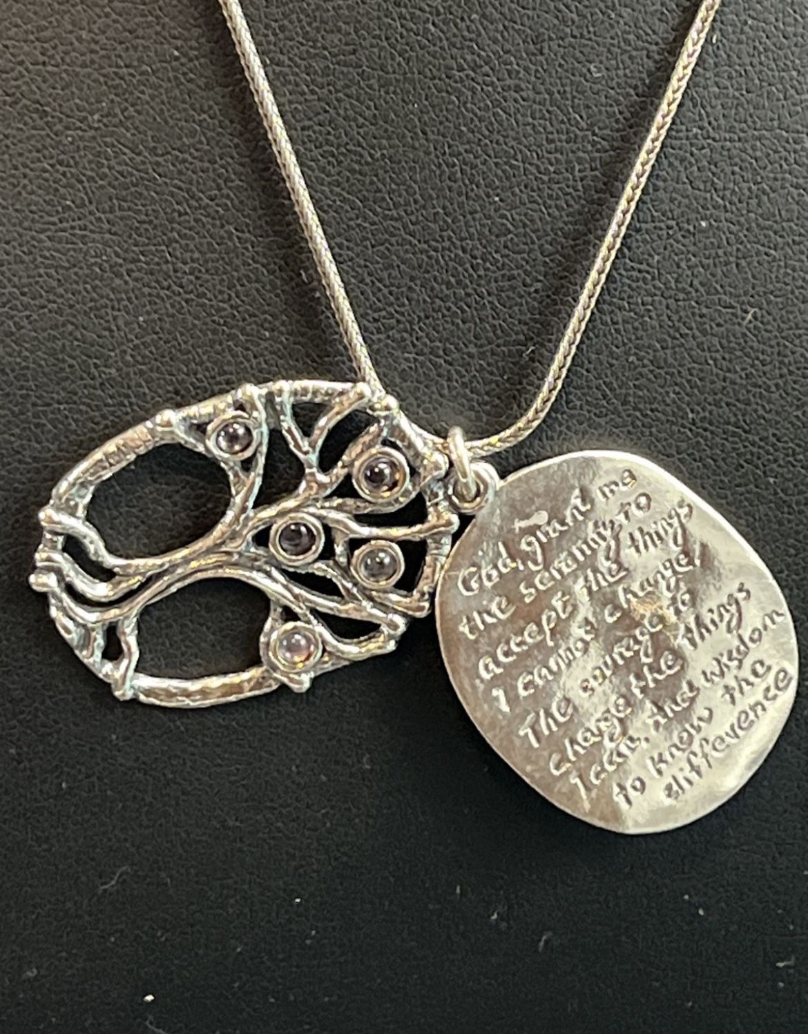 Vintage Silver Amethyst Tree Of Life Serenity Prayer Pendant 18" Necklace 14.3g