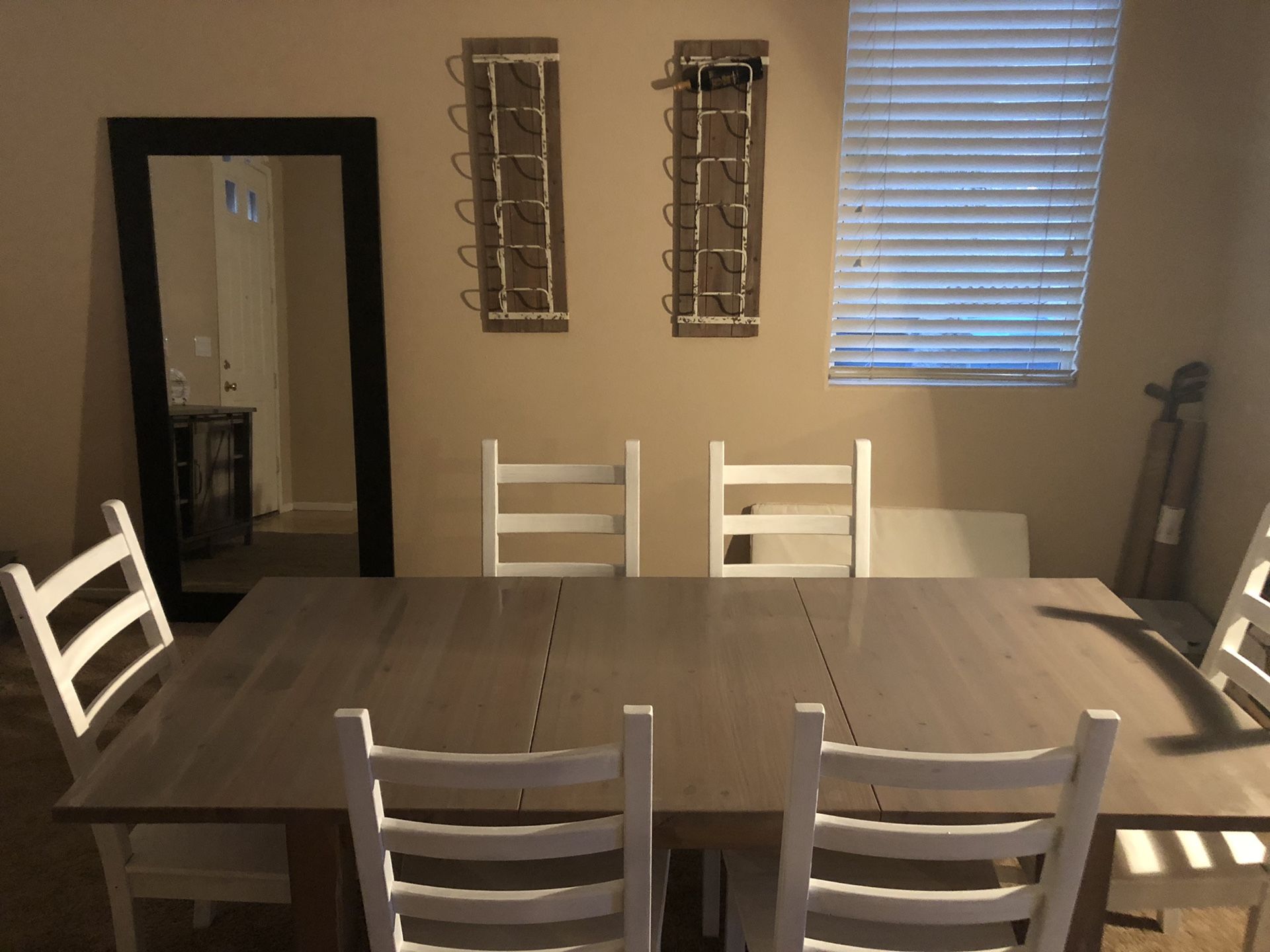 Custom dining room set “farm table” done right. Comes with matching wine racks in photos. Table is 7.5ft long with 6 chairs, has a leaf you can remov