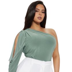 Fashion Nova One Shoulder Bodysuit- Green Size 3X