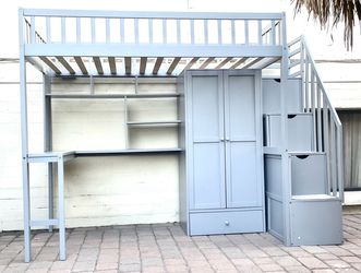 Nice Twin Size Grey Loft Bed w/ Desk, Bookshelf, Wardrobe, Drawers and Storage Stairs