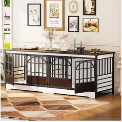 COZPAW 86 Inch Double Dog Crate Furniture, Extra Large Dog Kennel Indoor for 2 Dogs, Heavy Duty Dog Cage with Divider, Wooden Dog House Decorative Tab