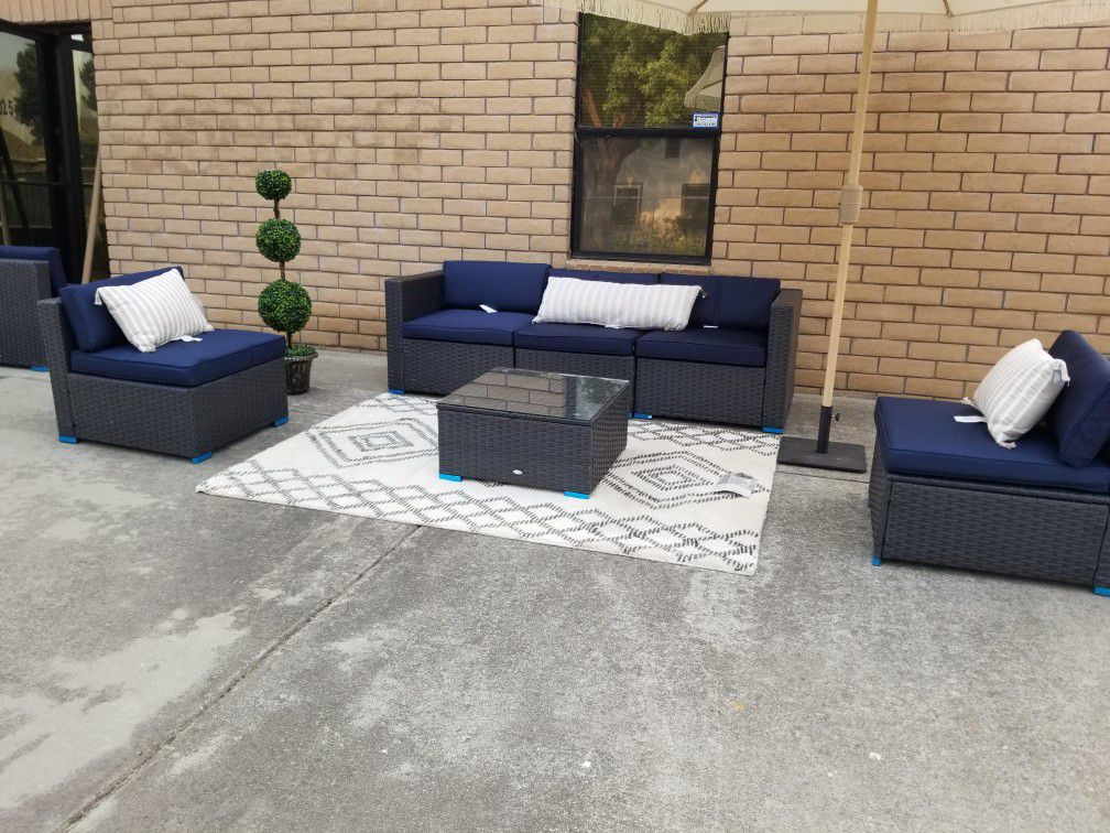  7 PCS Outdoor Patio Furniture Sofa Set,Wicker Rattan Patio Furniture Sectional Sofa Sets with Tea Table and Washable Couch Cushions,Navy Blue