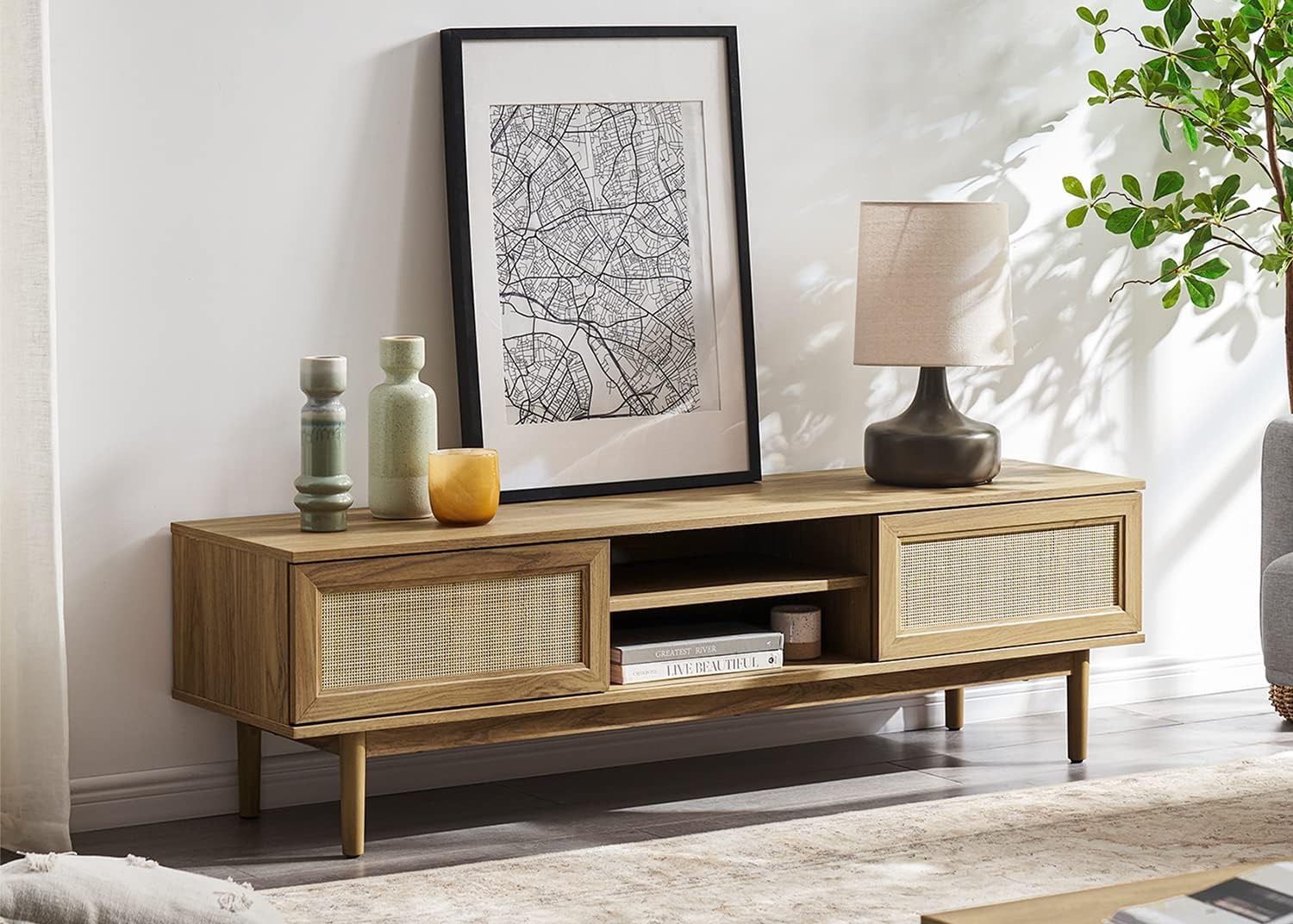 mopio Haylee TV Stand, Modern Farmhouse Television Stand for 55/60/65 inch TV, Natural Rattan Boho Entertainment Center with Storage, Media Console Cr