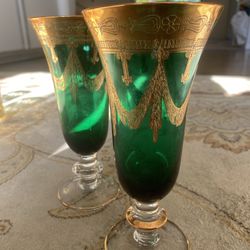 Pair Of Grecian emerald green color with gold like wine glasses.