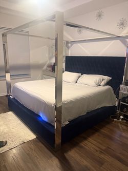 Navy Velvet Four-Poster Canopy Bed Frame