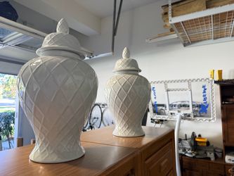 Set of 2 Oversized White Ceramic Temple / Ginger Jars – 20” Tall