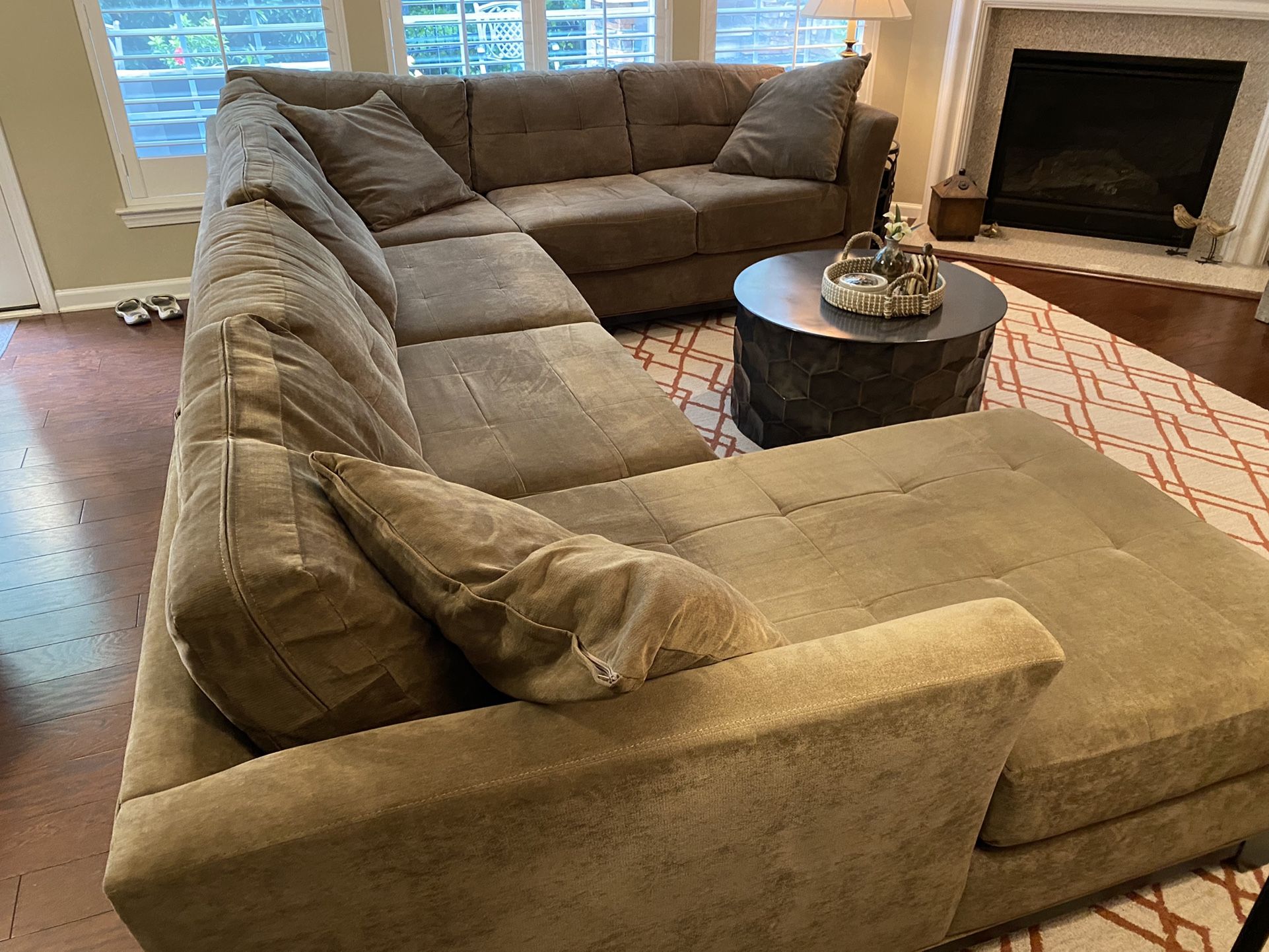 3 Piece Dark Taupe Sectional Sofa , 8x10 Area Rug, Orange Accent Chair