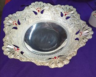 Vintage Silver Plated Centerpiece or Fruit Bowl featuring ornate repoussé floral details with stone accents, a reticulated border and claw feet 13 3/4