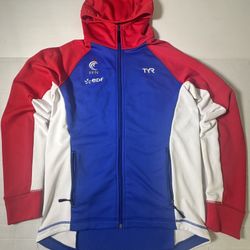 Pre Owned Good Last Photo  I have not tried to remove  TYR France Track Jacket FFN EDF Embroidered  Full Zip  Hoodie  Red White Blue  Men  Size Medium