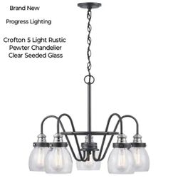 Brand New Progress Lighting Crofton 5 Lights Rustic Pewter Chandelier Clear Seeded Glass 