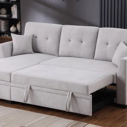 NEW Convertible Sectional Sofa and Storage Chaise Set Pull Out Sleeper Bed Set Light Grey Navy Black Gray Fabric Pullout SofaBed Furniture Big SALE