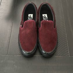 Vans Burgundy/Black Synthetic Fur Slip Ons