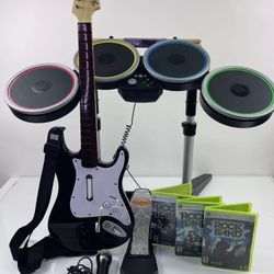 Xbox 360 Rock Band 2 3 Drum Set Guitar Fender Bundle Mic 3 Games