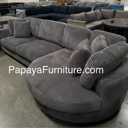 New! 125” Plush Sectional,Grey Modern sectional, Corduroy sectional, Large Round Chaise Sectional Couch, Sofa, Couch, Sectional, Grey Sofa, Grey Couch