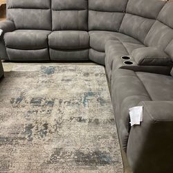 POWER RECLINING SECTIONAL 3 recliners Gray USB ports storage console adjustable headrests washable leather 132x118x41 $2,500 DELIVERED (was $4,299)