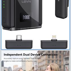 LEVN Wireless Microphone for iPhone/Android/PC, USB-C/Lightning Plug & Play, AI Noise Cancel, 328ft Range, 30H Battery Life with Charging Case, iPhone