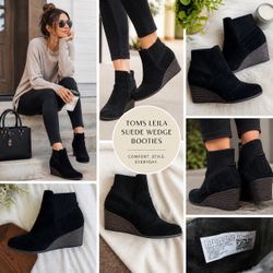 TOMS Leila Black Suede Wedge Ankle Booties Womens 9.5 Knit Sock Zip Comfort Y2K
