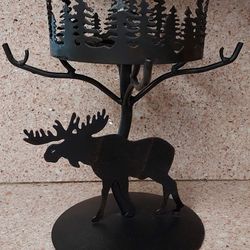 Iron Rustic Cabin Style Candle Holder With Moose With Antlerd