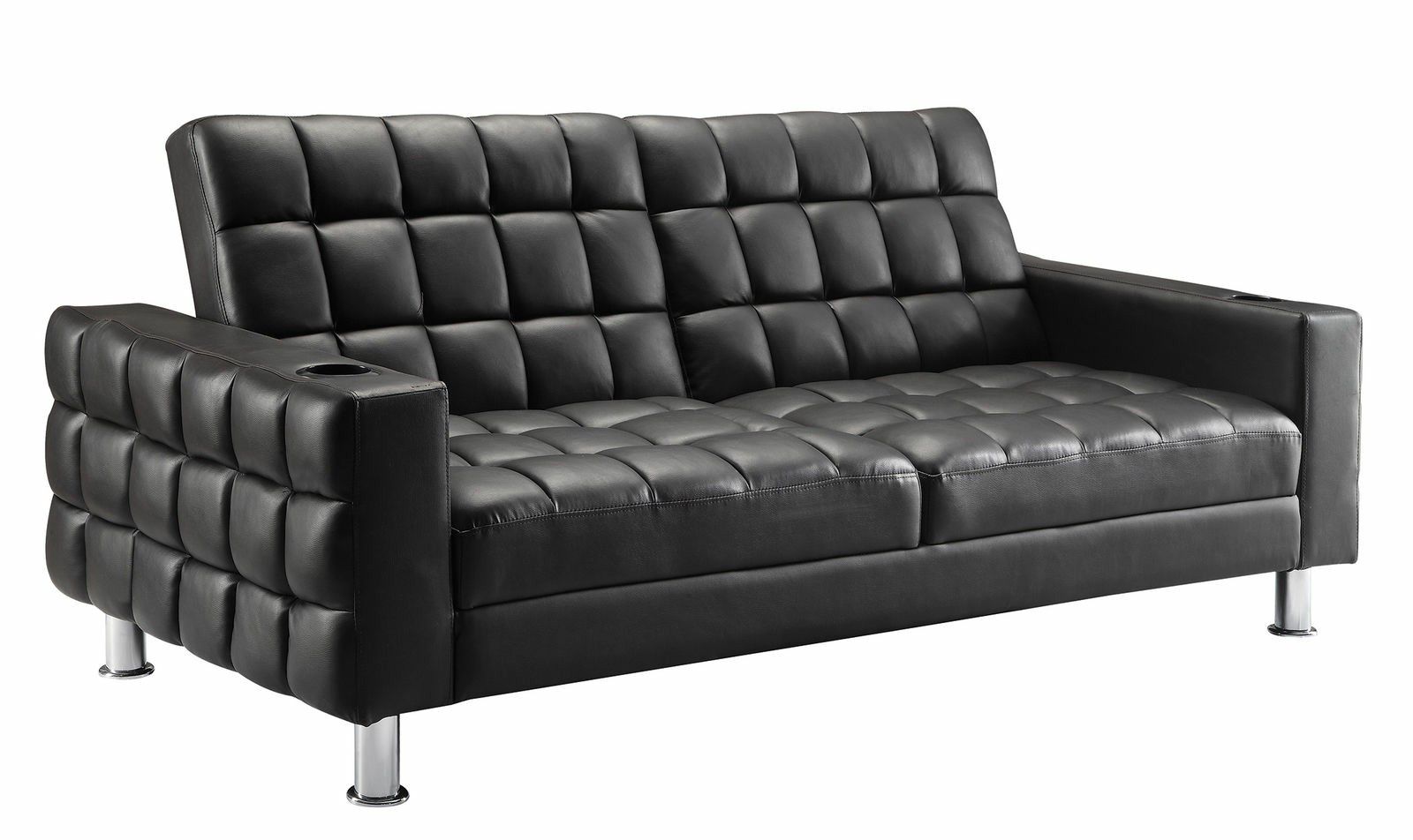 NEW Modern Dark Brown Leather Tufted Sofa Bed Sleeper futon w/ cup holders