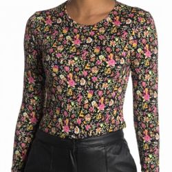Wayf Womens S Crop Top Long Sleeve Black Ditsy Floral Flower Stretch