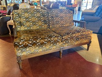 BROYHILL Vintage Wood Framed Velvet Couch with a Swirling Pattern
