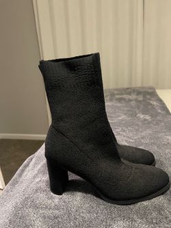 Black Knit Sock Ankle Boots with Block Heel