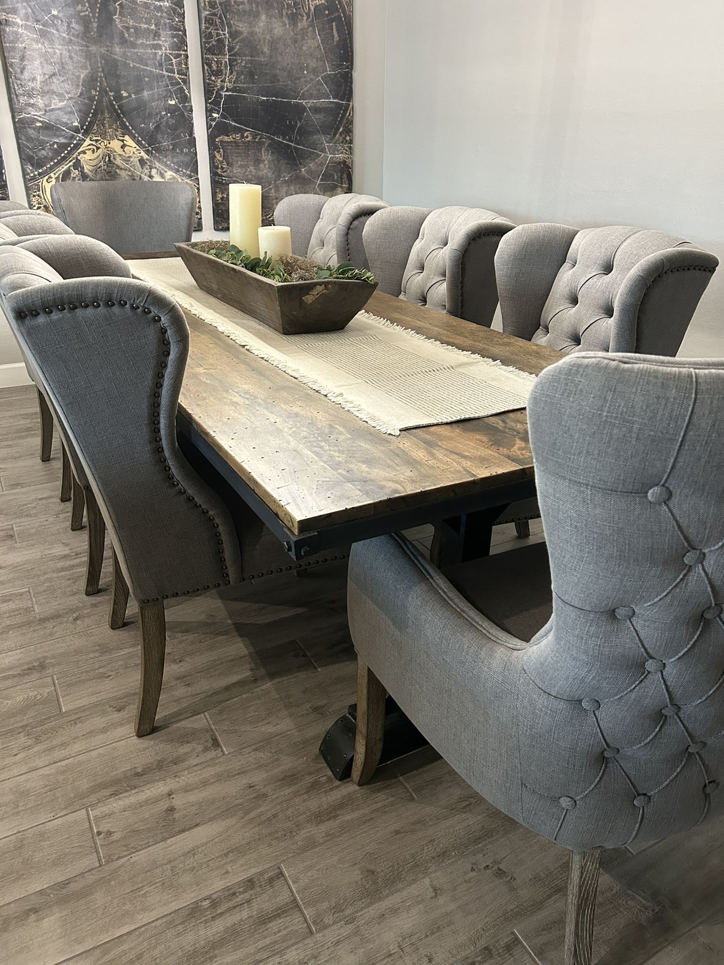 Excellent Solid Wood And Steel Trim Dining Table Set With 8 Chairs