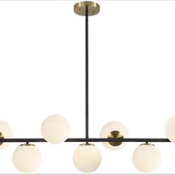 New 38.9”W Linear Large Black & Brass Sputnik 7-Light White Glass Globe Chandelier,Adjustable Height