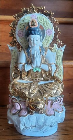 Mid-Late 20th Century Vintage 14" Chinese Porcelain Guan Yin Statue Heavy Gold Gilt Bodhisattva 5lbs