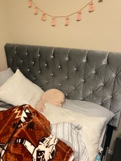 Gray Velvet Tufted queen bed with Crystal Buttons