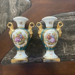 Vintage Limoges France Porcelain Vase Pair – Teal & Gold (Set of 2)